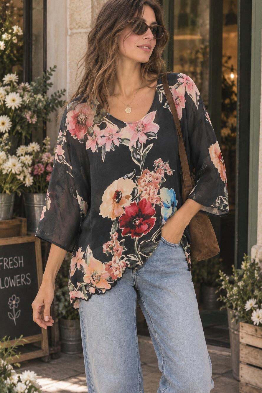 Johnny Was Black Sheer Floral Wide Sleeve Lettuce Hem Boho Oversized Top Size Sm